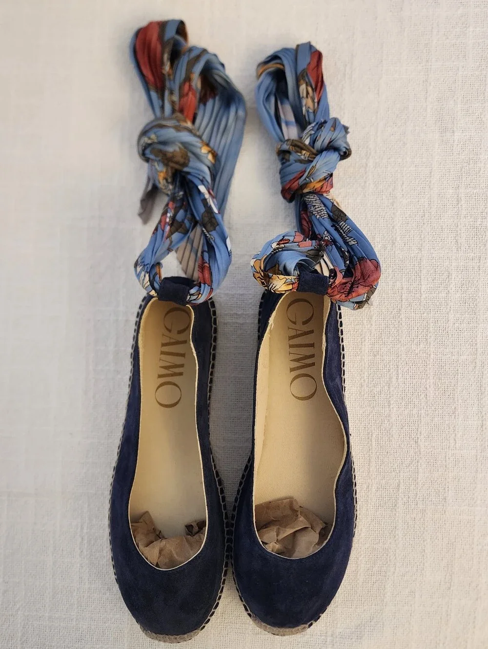 NWOB Gaimo Navy Suede Ballet Espadrilles W/ Fabric Ankle Straps 37 (6 US) A463